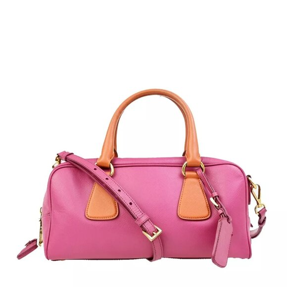 PRADA MILANO Logo 2Way Shoulder Hand Bag Saffiano Leather Pink Orange 75ED080 - Picture 1 of 16